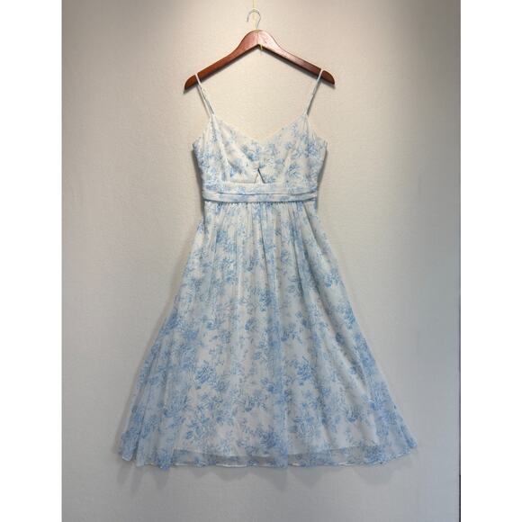 LDT Blue Floral Chiffon Midi Dress Keyhole Cutout Floral Hourglass, Size 4 - Picture 5 of 12